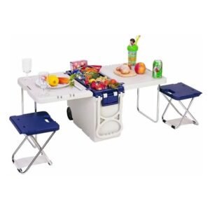 Glacière Roulante Multifonctions avec une table et des chaises